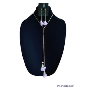 INC - Gold and Purple Fabric and Rhinestone Flower Lariat Necklace‎ Set